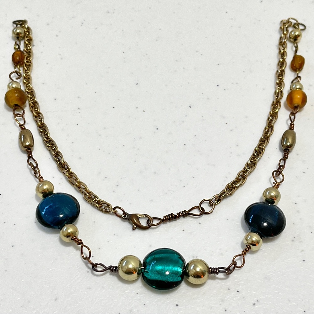 Handmade Gold & Blue Color Beaded Chain Necklace 23.5 Inch Vintage Inspired